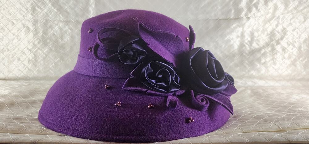 Something Special Purple 100% Wool Hat Satin Rose Floral Beaded Dress Cloche